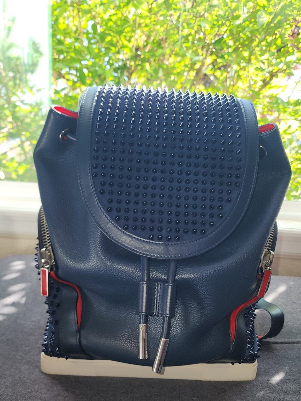 Authentic Christian Louboutin Explorafunk Backpack - Navy Grained Leather Spikes